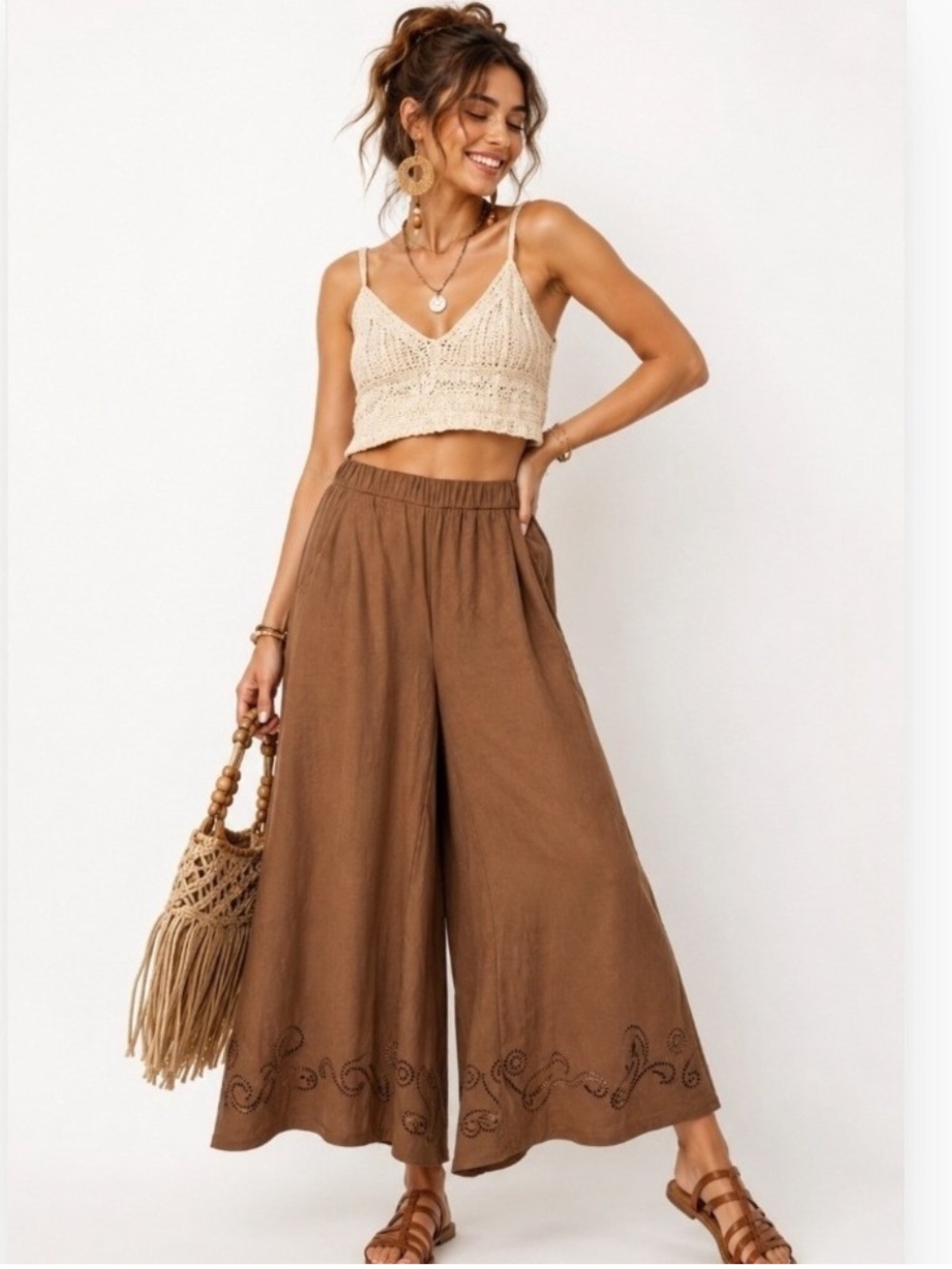 Cupio Bohemian Brown Faux Sued Wide-Leg Pants with Embroidered Hem Boho stretchy
